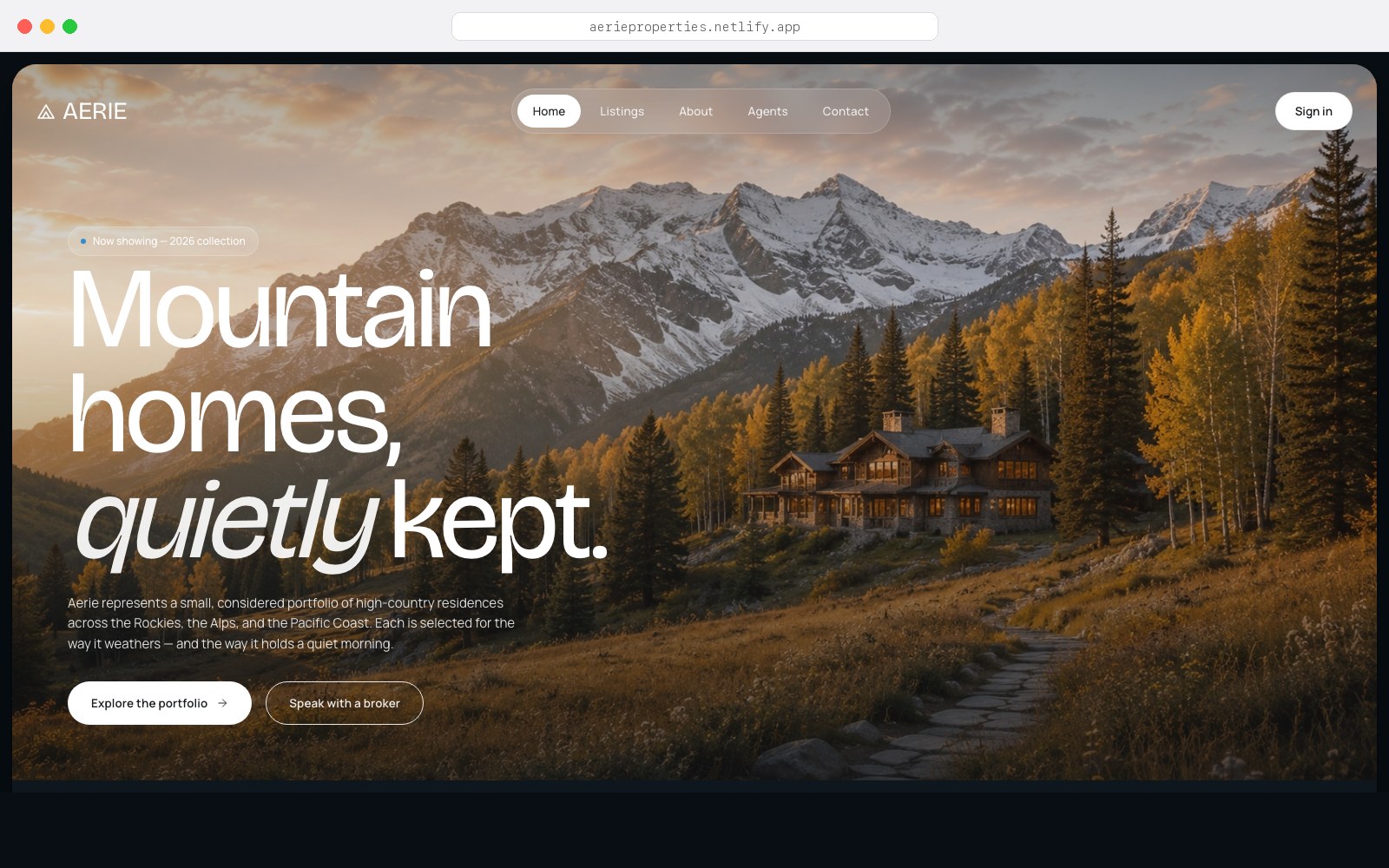 Aerie homepage in a browser chrome — &lsquo;Mountain homes, quietly kept.&rsquo;