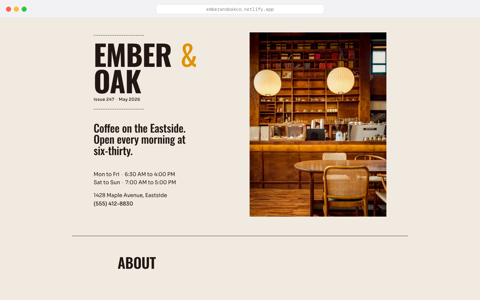 Ember & Oak homepage in a browser chrome — masthead with &lsquo;Coffee on the Eastside.&rsquo;