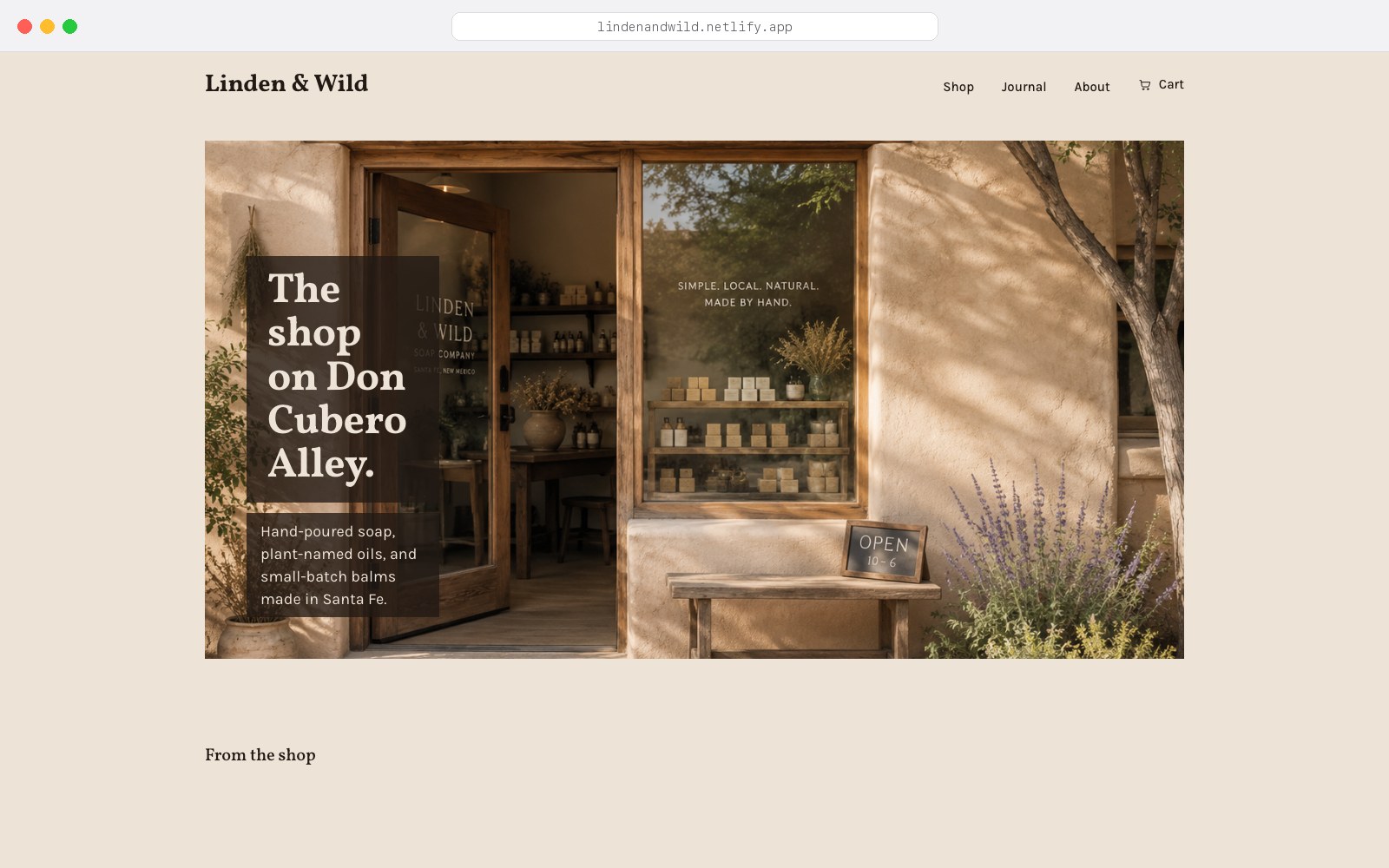Linden & Wild homepage in a browser chrome — &lsquo;The shop on Don Cubero Alley.&rsquo;